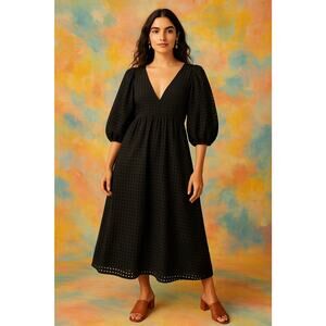 A New Day Black Eyelet Midi Maxi Dress Puff Sleeve Plus Size XXL Pockets Boho 2X